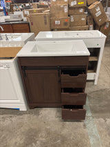 Eon 31 in. W Single Sink Walnut Freestanding Bath Vanity with White Engineered Solid Surface Top Unassembled
