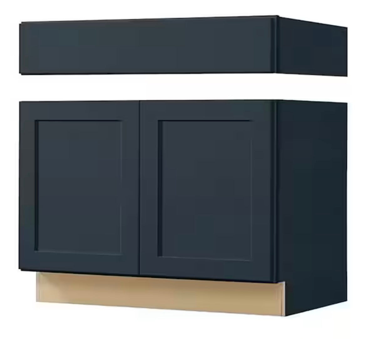 Avondale 36 in. W x 24 in. D x 34.5 in. H Ready to Assemble Plywood Shaker Sink Base Kitchen Cabinet in Ink Blue