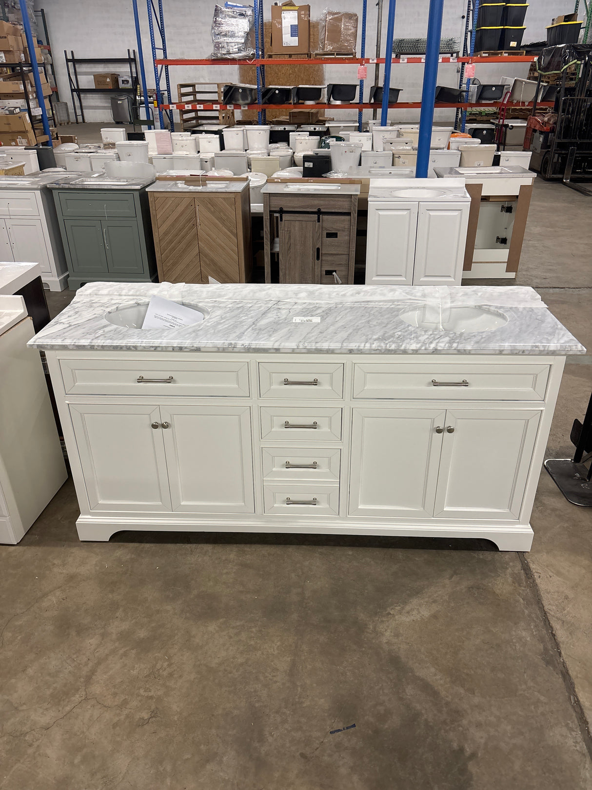 Windlowe 73 in. W x 22 in. D x 35 in. H Bath Vanity in White with Carrara Marble Vanity Top in White with White Sink