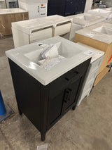 Cove 24 in. Single Sink Freestanding Rattan Bathroom Vanity in Black Oak with White Ceramic Top