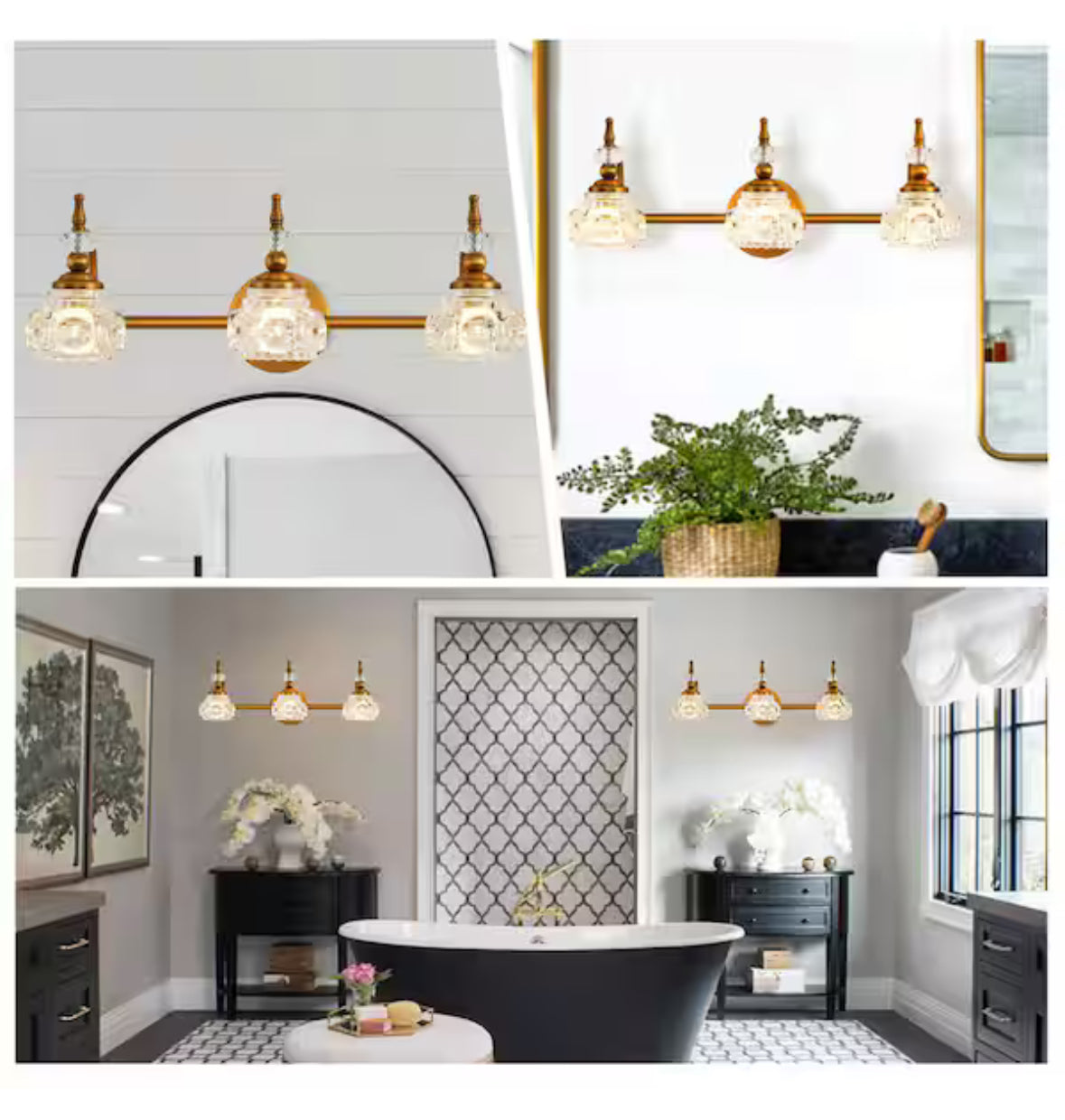 3-Light Vintage Bathroom Vanity Light Fixture Bathroom Lighting Antique Brass Gold Finish with Crystal Glass Shade