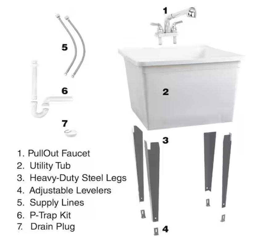 24.50 in. D x 22.5 in. W Freestanding Thermoplastic White 21 gal. Utility Tub with Grey Legs and Chrome Pullout Faucet