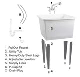 24.50 in. D x 22.5 in. W Freestanding Thermoplastic White 21 gal. Utility Tub with Grey Legs and Chrome Pullout Faucet