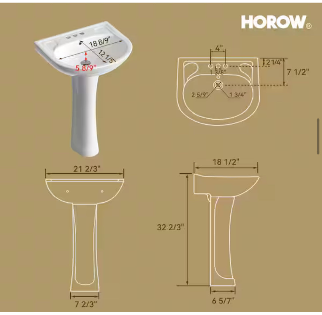 18 in. Round Ceramic Pedestal Combo Bathroom Sink in White with Overflow Drain