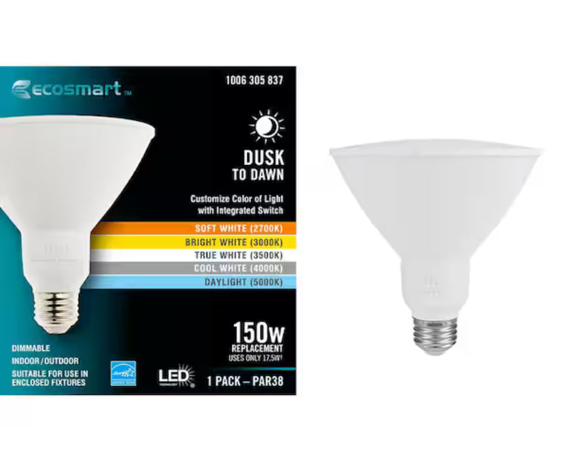 150-Watt Equivalent PAR38 Dimmable CEC Flood Dusk to Dawn with Selectable Color Temperature LED Light Bulb (1-Pack)