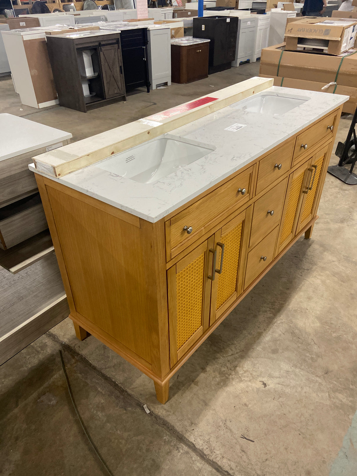 Moresly 60 in. Double Sink Natural Oak Bath Vanity with White Engineered Stone Top (Assembled)