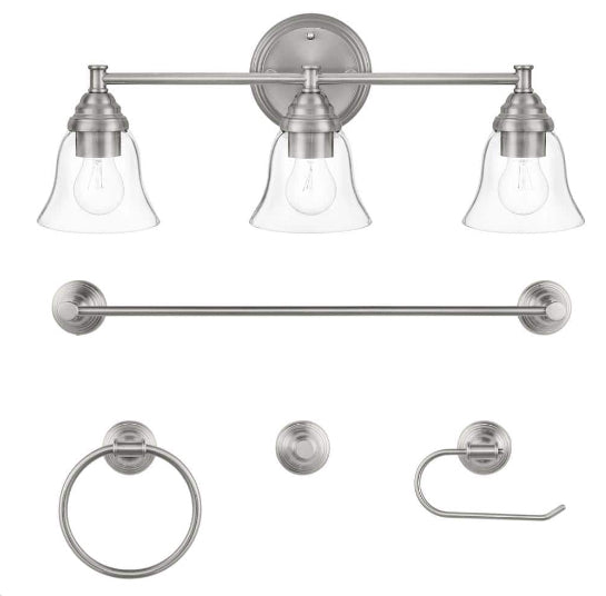 Marsden 23.5 in. 3-Light Brushed Nickel Transitional Vanity with Bathroom Hardware Kit