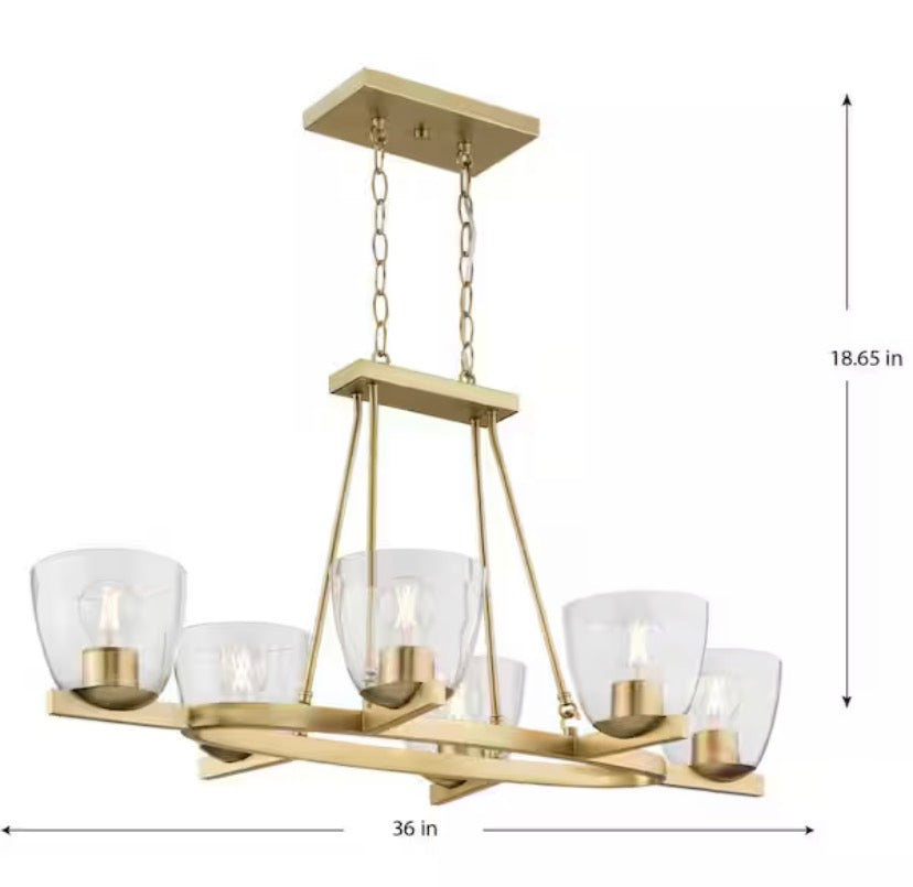 Tamassee Collection 6-Light Brushed Gold Updated Traditional Linear Chandelier with Clear Glass Shades for Dining Room