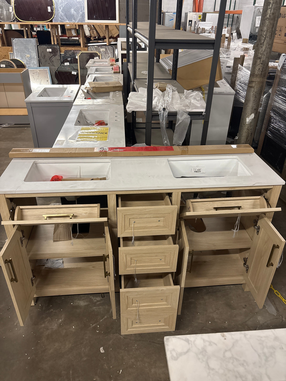 Beaufort 60 in. Double Sink Freestanding Light Birch Bath Vanity with White Engineered Stone Top (Assembled)
