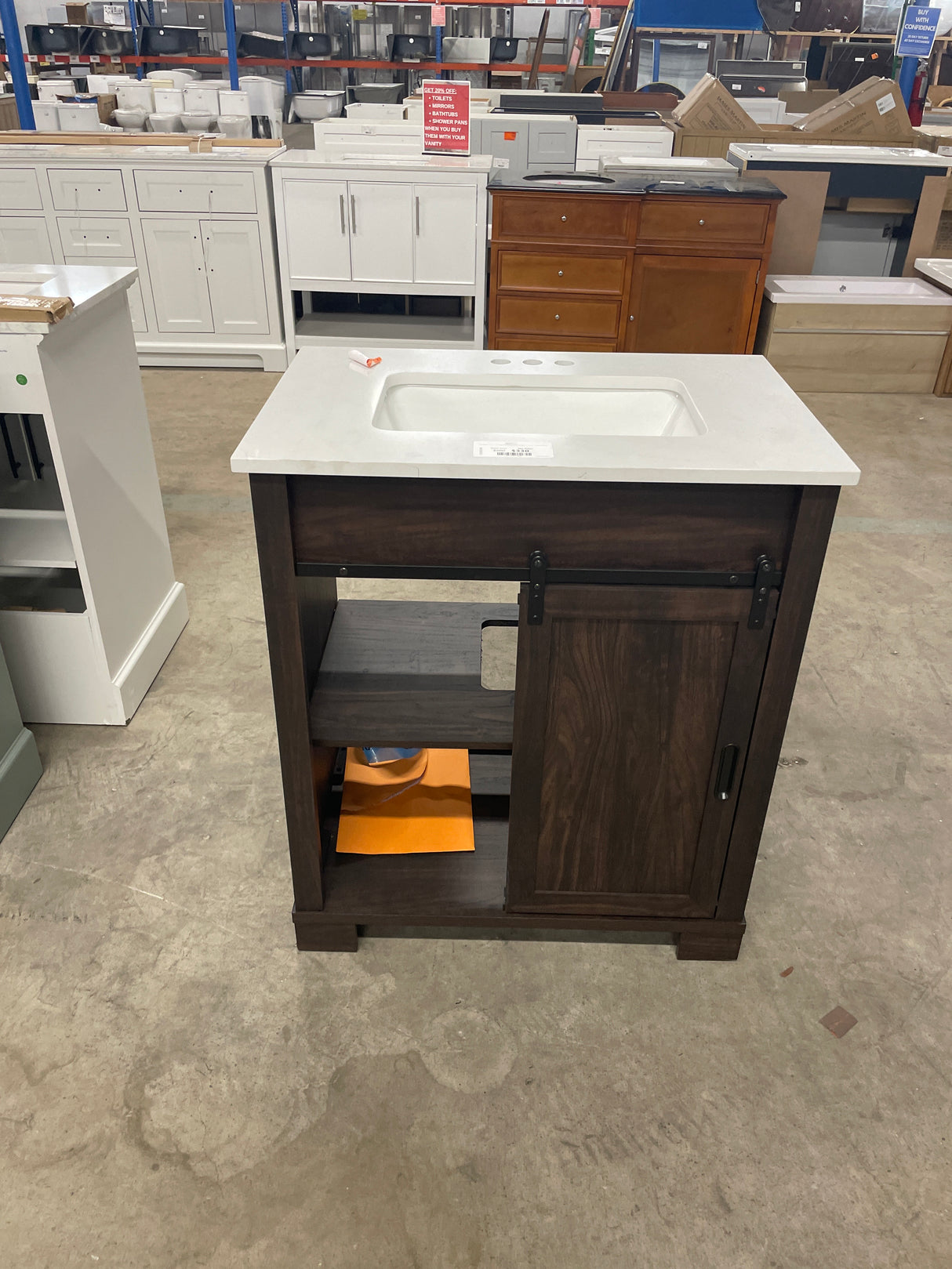 Brindley 30 in W x 20 in D x 35 in H Single Sink Freestanding Vanity in Dark Walnut w/ Veined White Engineered Stone Top