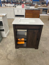 Brindley 30 in W x 20 in D x 35 in H Single Sink Freestanding Vanity in Dark Walnut w/ Veined White Engineered Stone Top