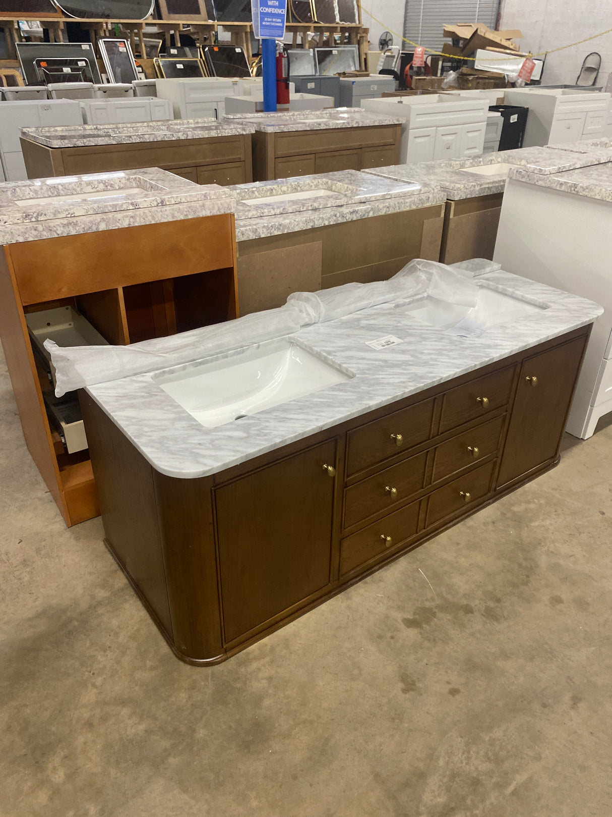 Collette 60 in. Double Sink Cinnamon Oak Bath Vanity with White Carrara Marble Top (Assembled)