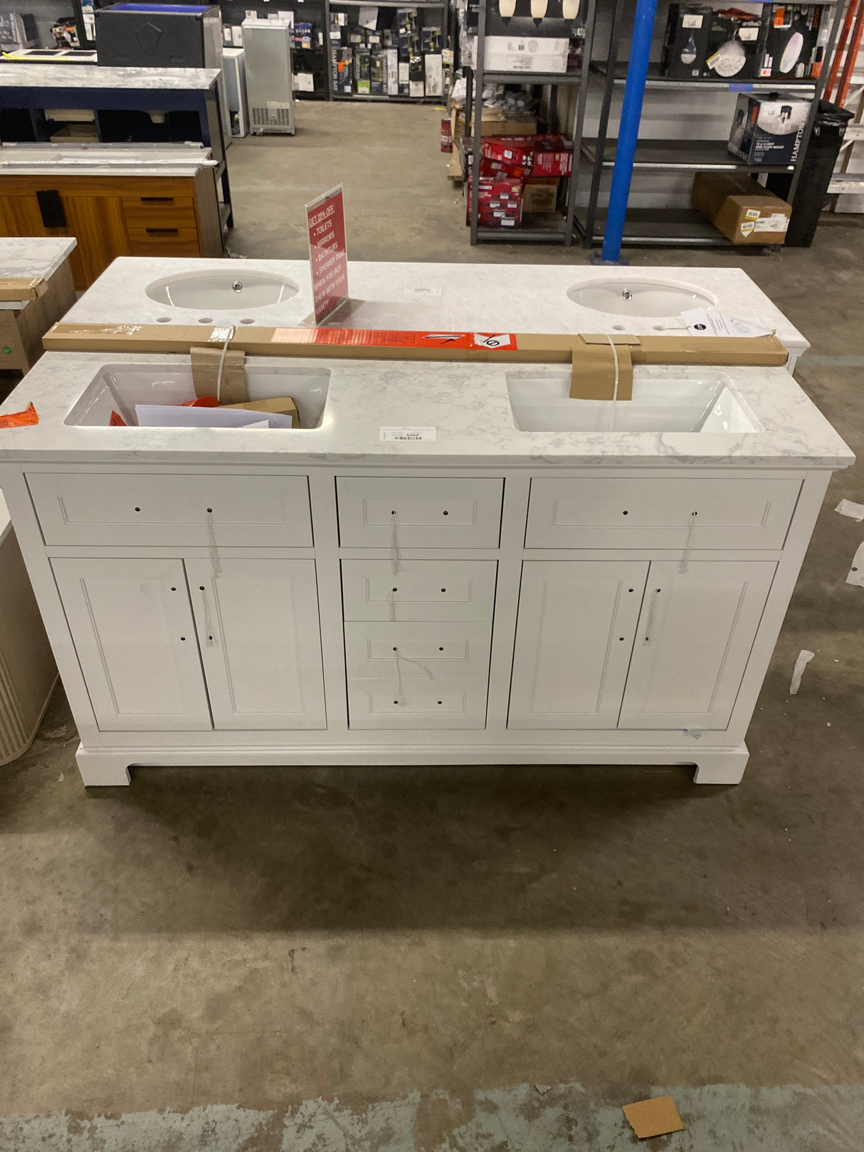 Doveton 60 in. W x 19 in. D x 34.50 in. H Bath Vanity in White with White Cultured Marble Top