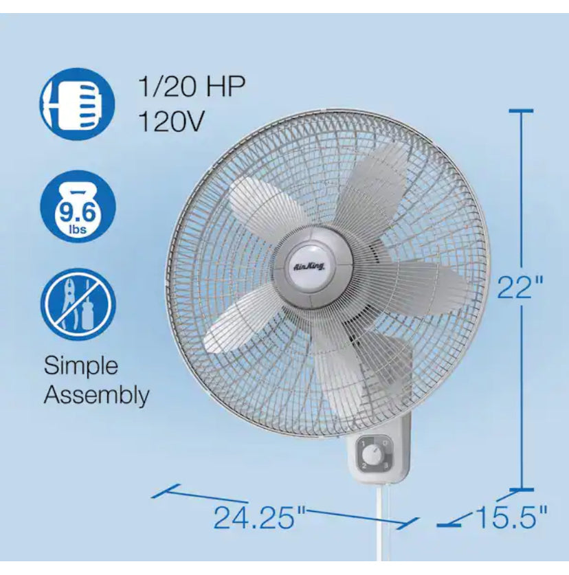 18 in. 3 Speed Oscillating Wall Mount Fan with Adjustable Head, Commerical Grade Speed, and Easy Assembly in Gray