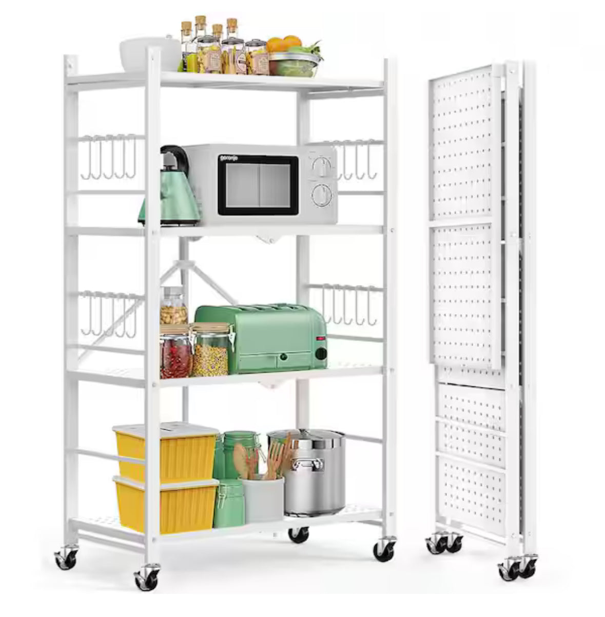 4-Tier Collapsible Storage Shelves Folding Pantry Shelves Wire Shelving in White with 20-Hooks for Garage Kitchen Room