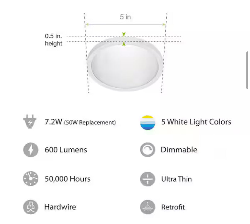 7.2-Watt Integrated LED Flush Mount 5 in. White Round Dimmable Flat Ceiling Panel with Color Change 5-CCT