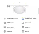 7.2-Watt Integrated LED Flush Mount 5 in. White Round Dimmable Flat Ceiling Panel with Color Change 5-CCT