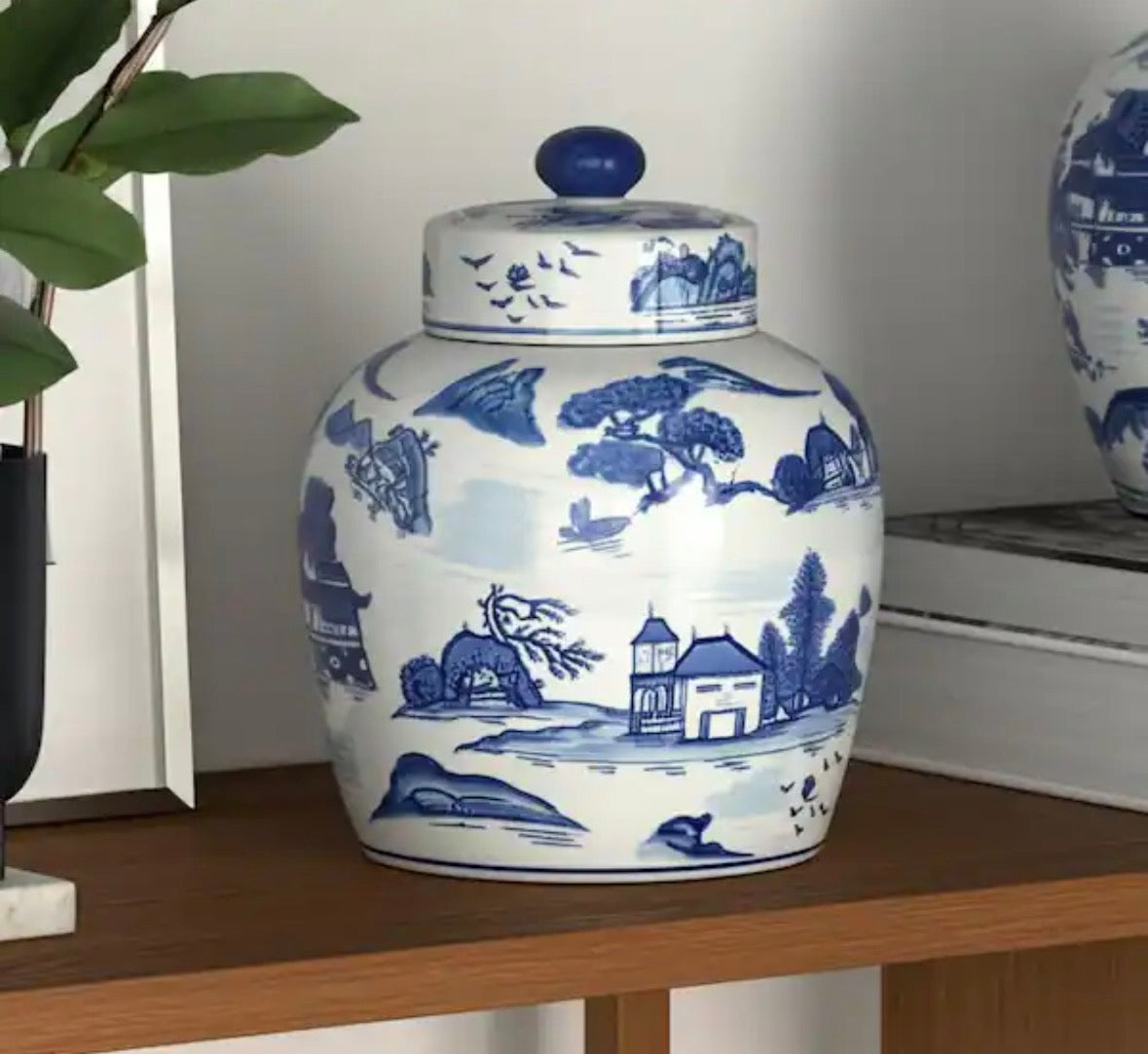 9 in. Blue Ceramic Rounded Chinoiserie Jar with Lid
