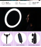 67.5 in. Black Contemporary 3CCT Integrated LED Selfie Ring Light Tripod with Adjustable Height and Smart Phone Holder