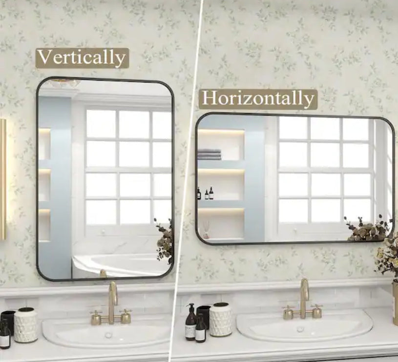 24 in. W x 36 in. H Rectangular Aluminum Alloy Framed Rounded Black Wall Mirror