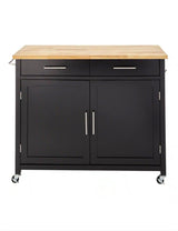 Glenville Black Rolling Kitchen Cart with Butcher Block Top and Double-Drawer Storage (42" W)