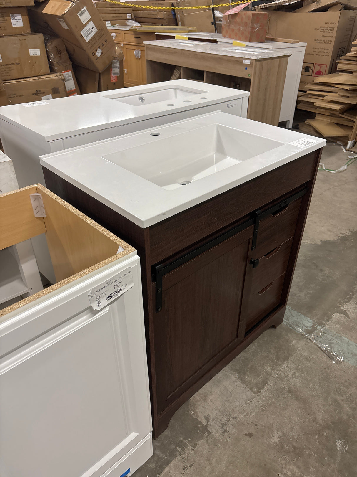 Eon 31 in. W Single Sink Walnut Freestanding Bath Vanity with White Engineered Solid Surface Top Unassembled