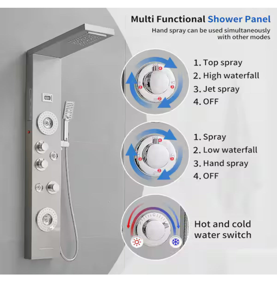 4-Jet Rainfall Shower Tower Shower Panel System with Rainfall Shower Head Shower Wand With LED light in Chrome Nickel