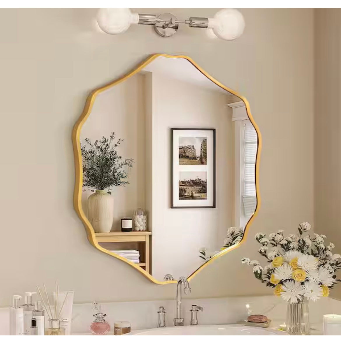 28 in. W x 32 in. H Scalloped Gold Aluminum Alloy Framed Irregular Wall Mirror