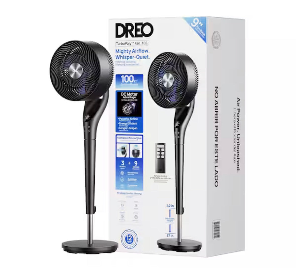 TurboPoly Fan 9 in. 9-Fan Speeds Pedestal Fan in Black with Exclusive Blue Blade, Remote and 2D 120Â° Oscillation