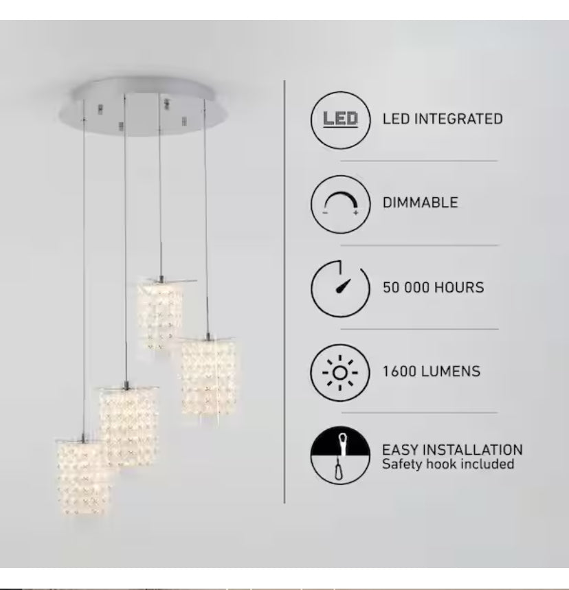 Crystal Cube 17-Watt 4 Light Chrome Modern Integrated LED Pendant Light Fixture for Dining Room or Kitchen