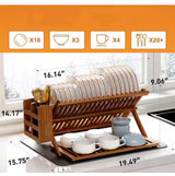 Teak Bamboo Dish Drying Rack with Utensil Holder, 3-Tier Counter Collapsible Dish Rack with Absorbent Dish Drying Mat