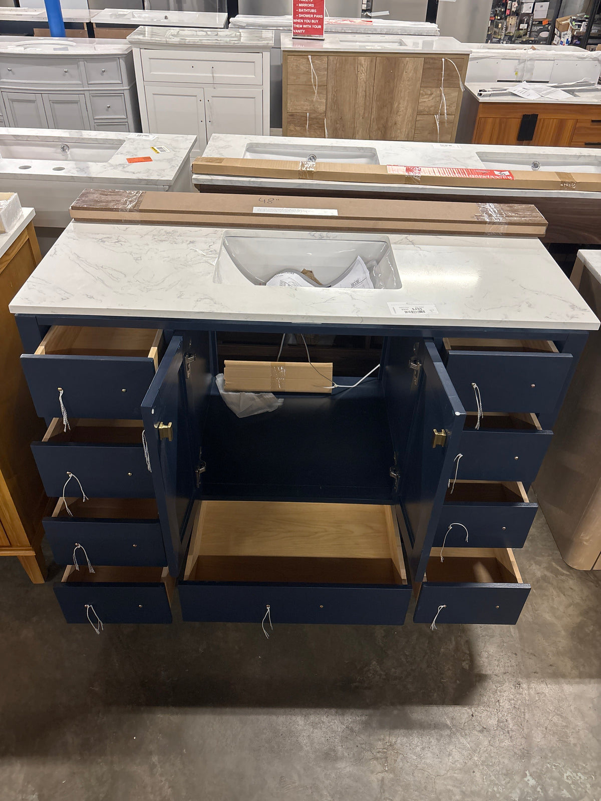 GlamourAura 48 in. W x 22 in. D x 39.24 in. H Single Sink Bath Vanity in Navy Blue with White Engineered Stone Top