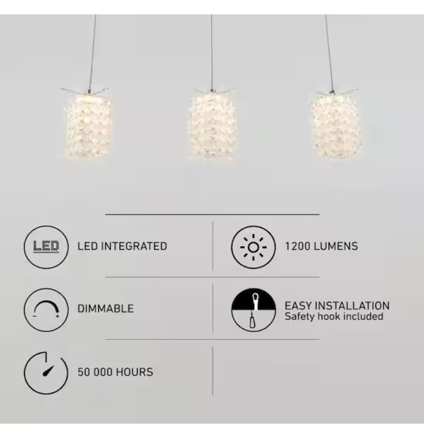 Crystal Cube 13-Watt 3 Light Chrome Modern Integrated LED Pendant Light Fixture for Dining Room or Kitchen