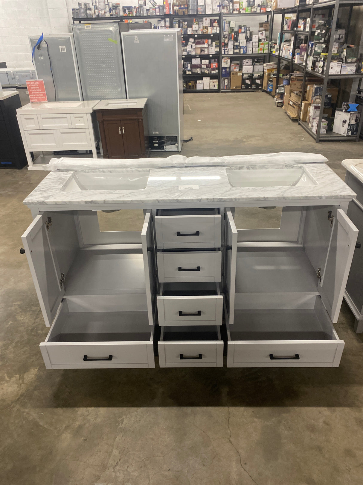 Merryfield 61 in. Double Sink Dove Grey Bath Vanity with White Carrara Marble Top (Assembled)