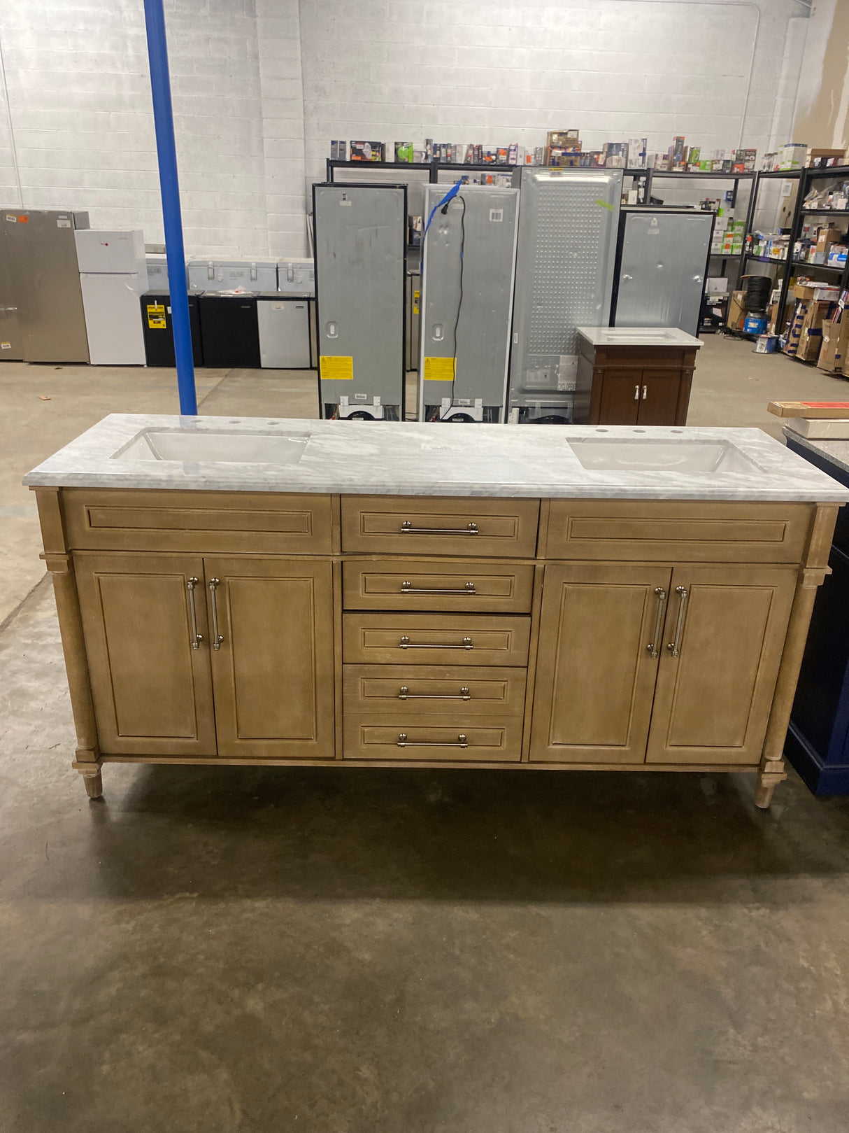 Aberdeen 72 in. x 22 in. D x 34.5 in. H Bath Vanity in Antique Oak with White Carrara Marble Top ( Comes With One Free Toilet or Mirror Valued Up To $150 )
