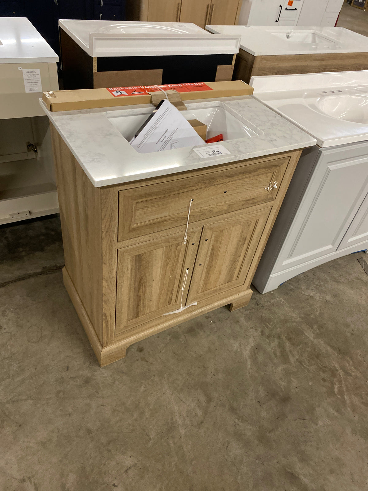 Doveton 30 in. W x 19 in. D x 34.50 in. H Freestanding Vanity in Weathered Tan with White Engineered Stone Top