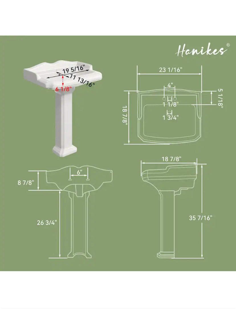 23 in. White Vitreous China Rectangular Pedestal Bathroom Sink With Overflow