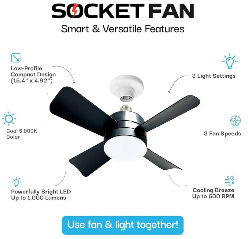 15.7 in. Indoor Matte Black LED Socket Ceiling Fan with Remote