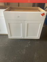 Shaker Satin White Stock Assembled Base Kitchen Cabinet with Ball-Bearing Drawer Glides (36 in. x 34.5 in. x 24 in.)