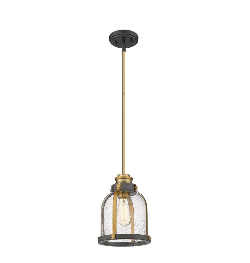 1-Light Bronze and Brass Mini Pendant with Clear Seedy Glass