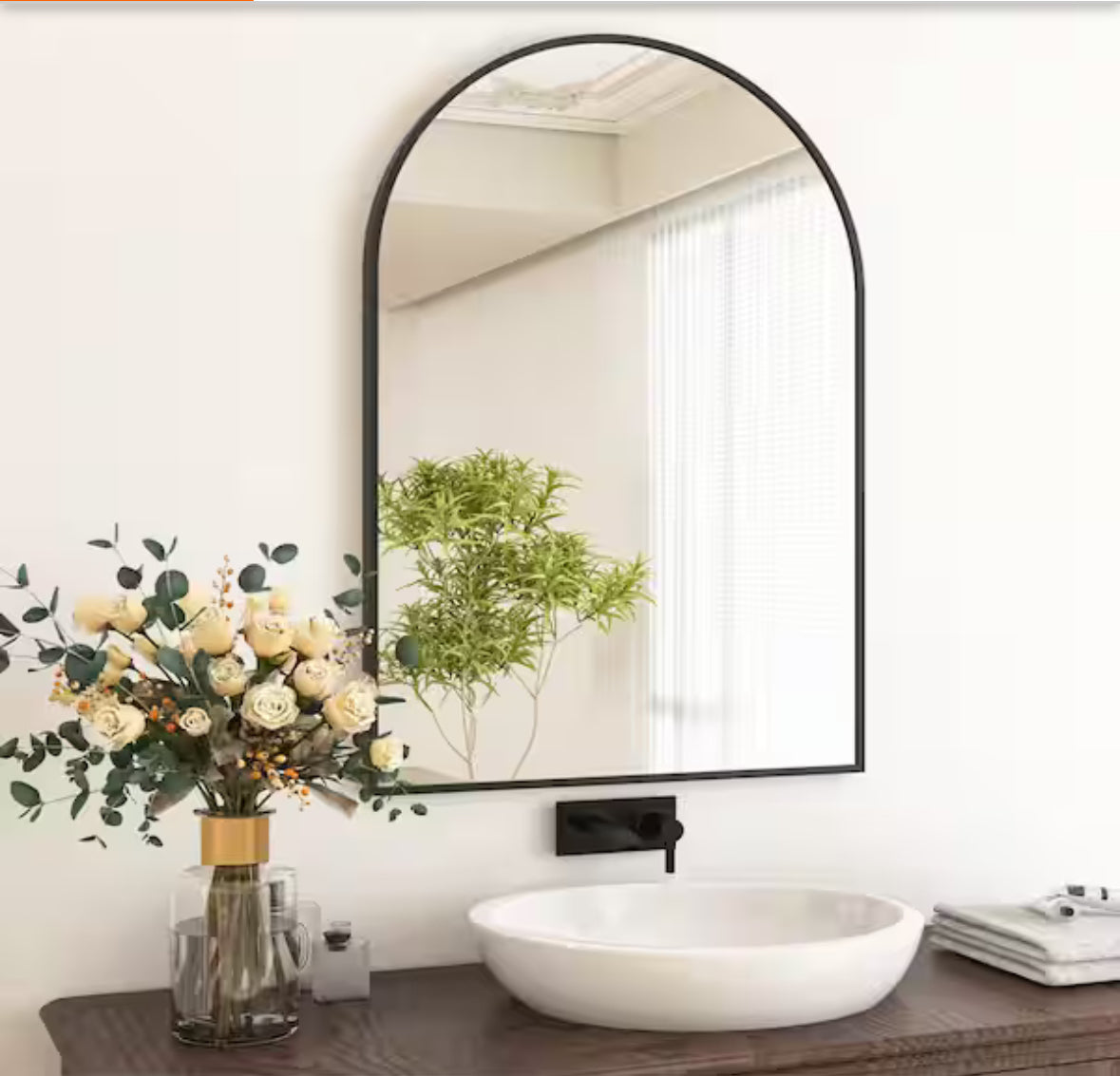 24 in. W x 36 in. H Arched Black Aluminum Alloy Framed Wall Mirror