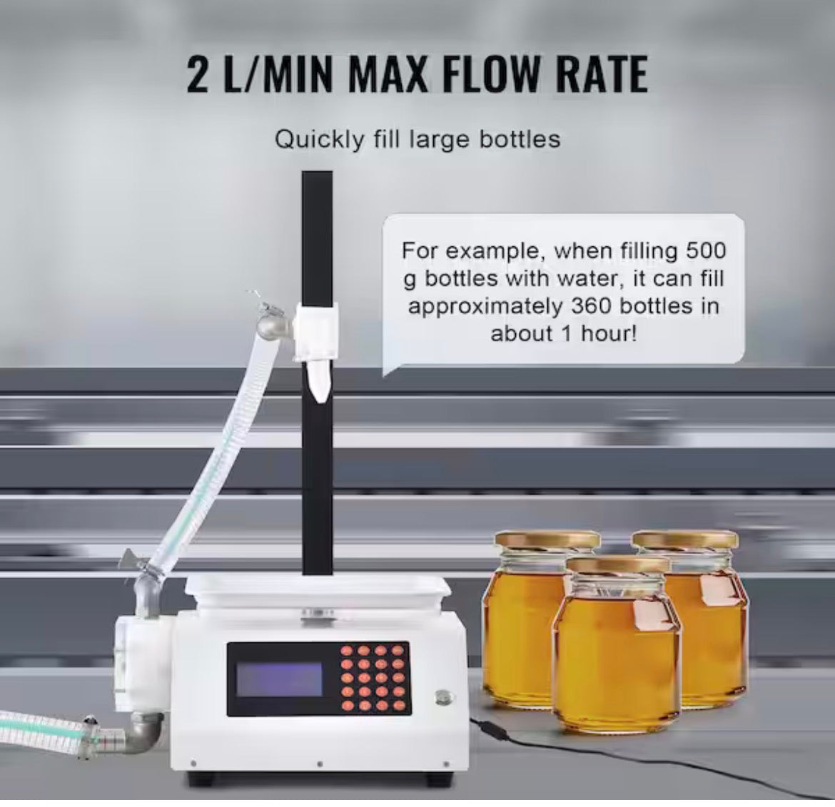 Liquid Filling Machine, 50-5000 g Capacity, Automatic Bottle Filler with Gear Pump, Digital Control for Honey, Oil, Wine