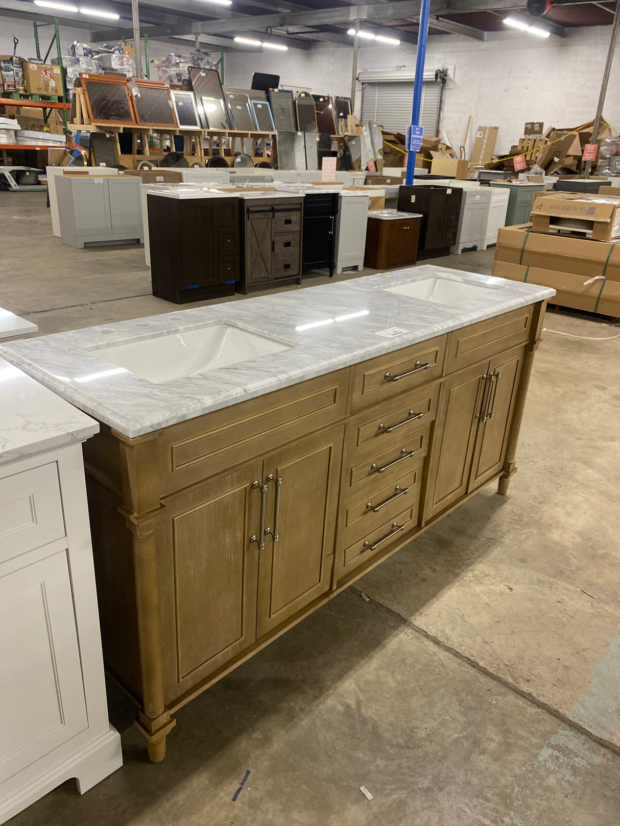 Aberdeen 72 in. x 22 in. D x 34.5 in. H Bath Vanity in Antique Oak with White Carrara Marble Top