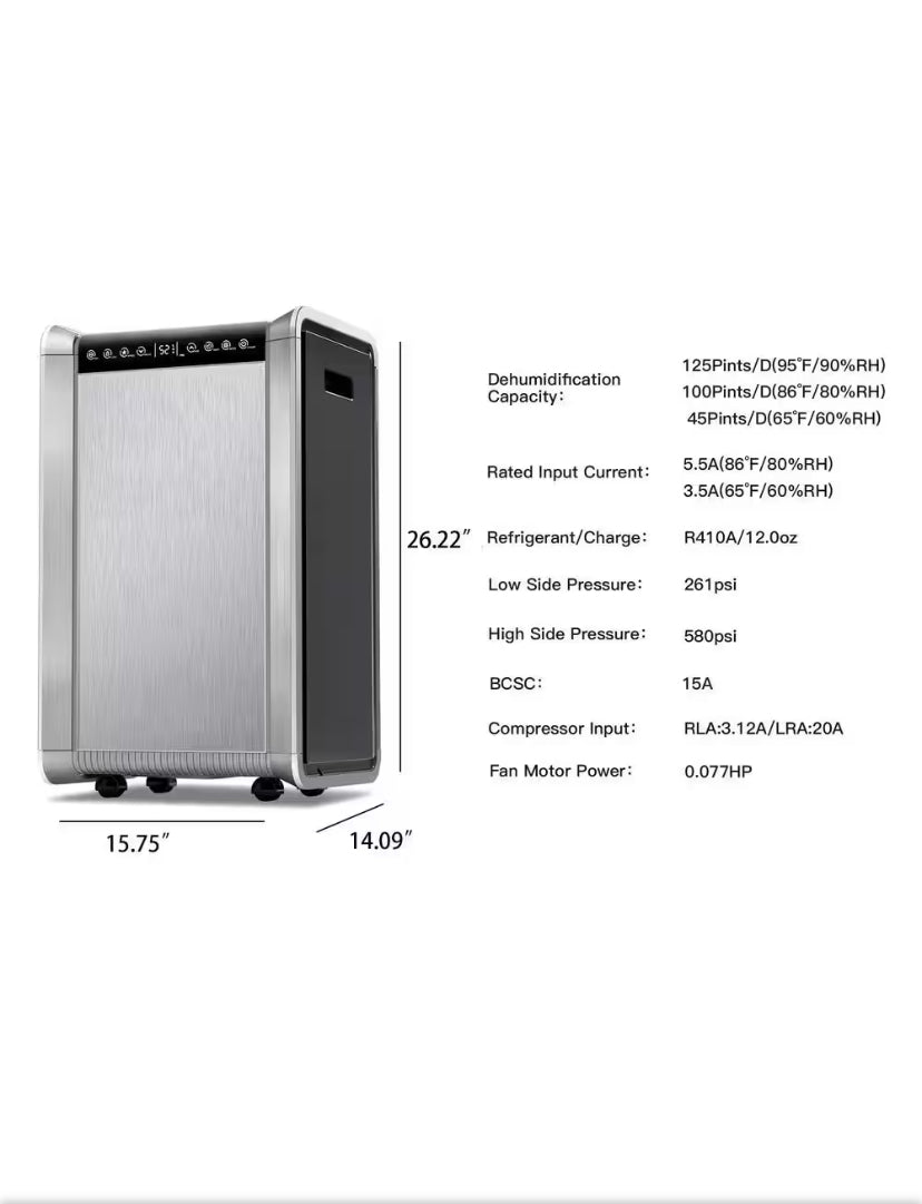 125 pt. 8,500 sq. ft. Intelligent Dehumidifier for Basement, with Drain Hose and Large Bucket, Energy Star (Metallics)