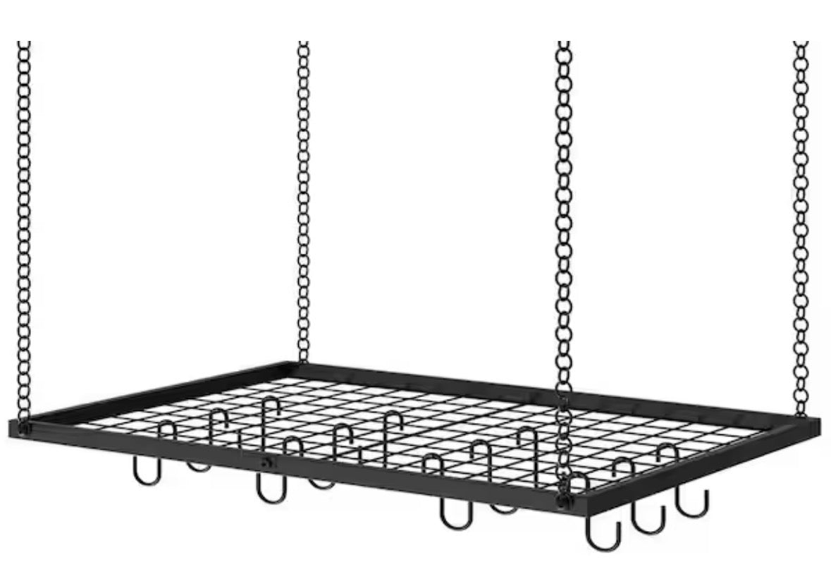 23.7 in. L x 15.7 in. W x 0.8 in. H Black Metal Hanging Pot Rack with 12 Hooks, Ceiling Mounted Pot Hanger for Kitchen