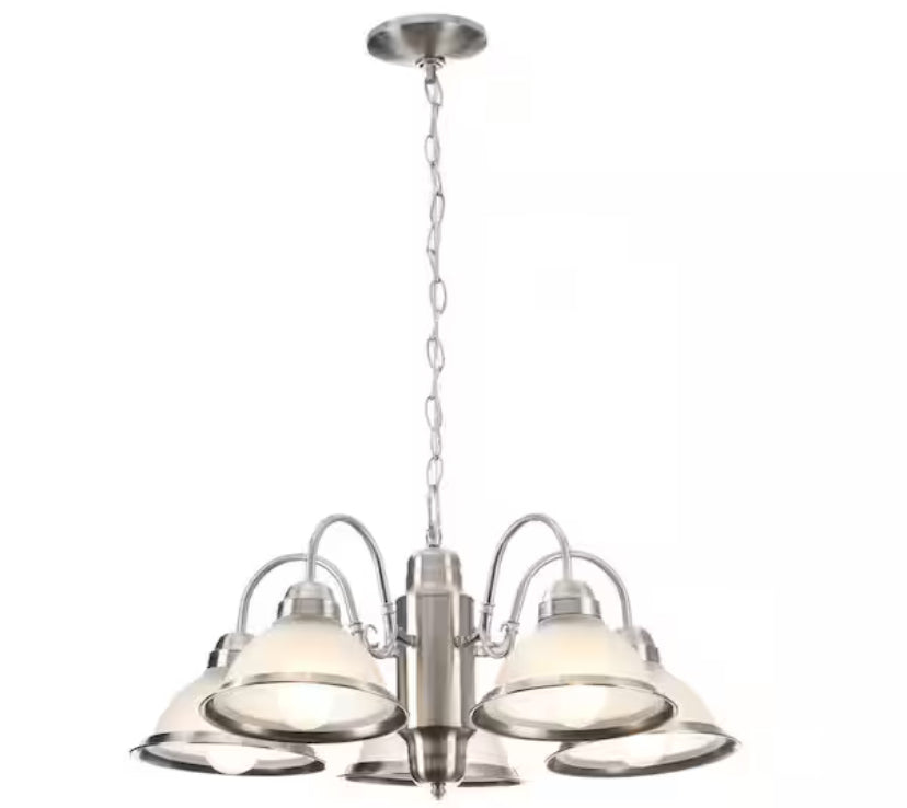 Halophane 5-Light Brushed Nickel Chandelier with Frosted Ribbed Glass Shades