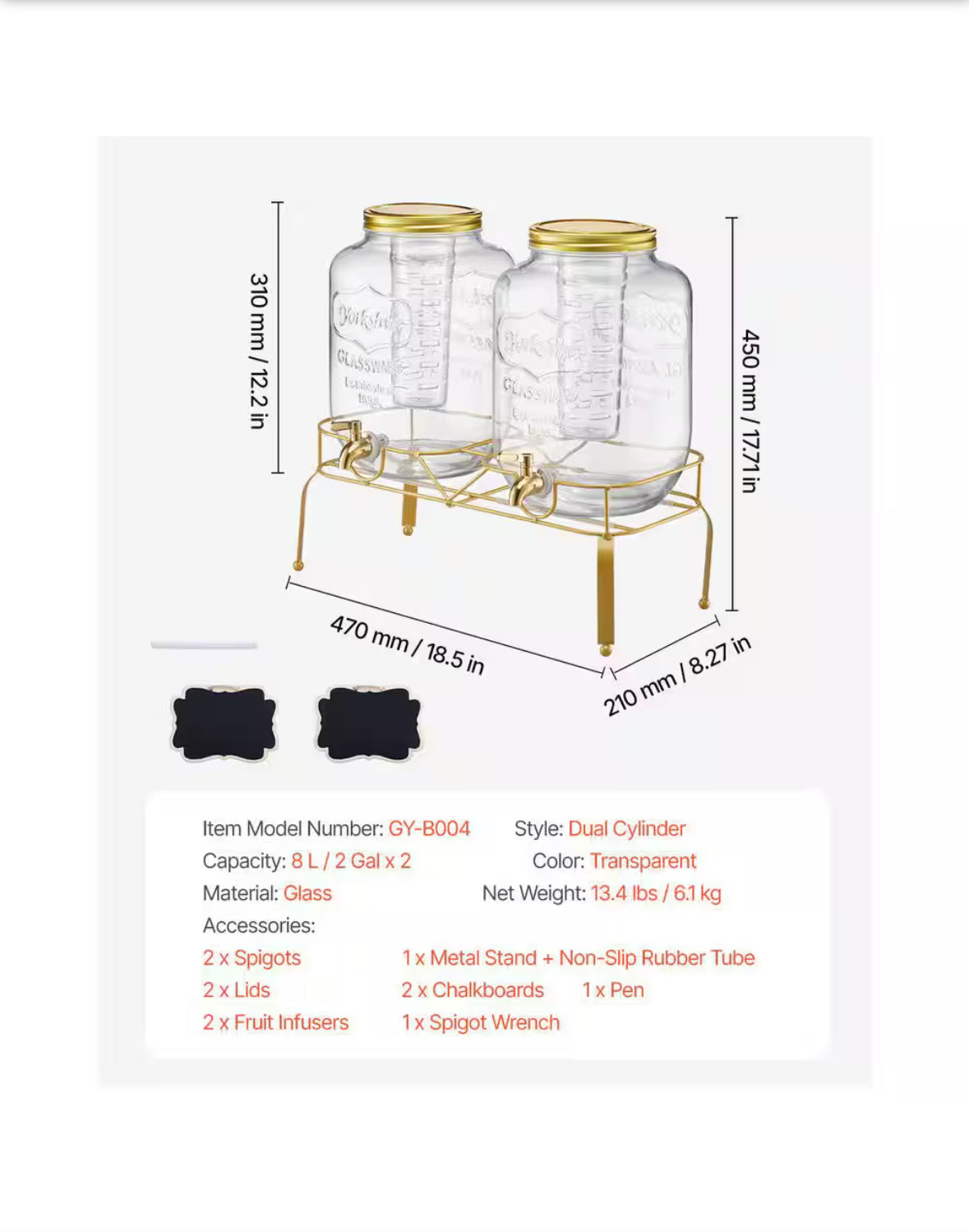 2 Pack 2 Gal. Beverage Dispenser for Parties, Glass with Metal Stand, Stainless Spigot, Infuser, Iced Tea, Lemonade
