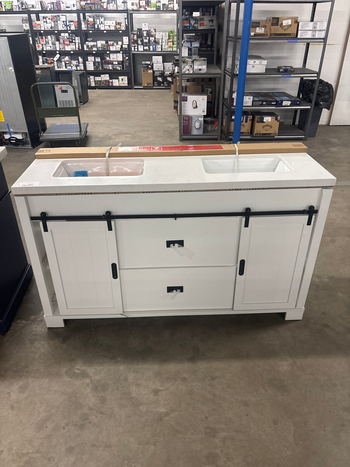 Brindley 60 in. W x 20 in. D x 34.5 in. H Barn Door Bath Vanity in White with Engineered Stone Top