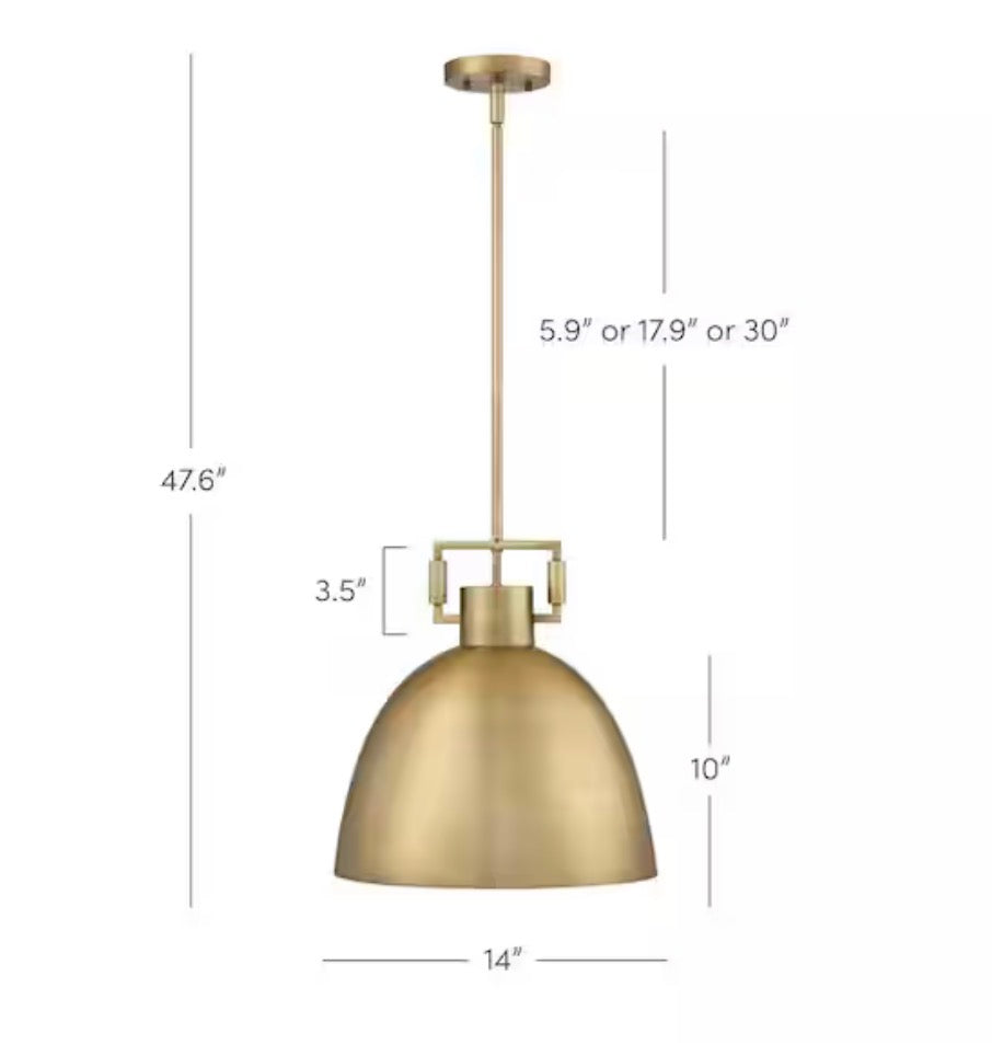 Leigh 1-Light Antiqued Brass Shaded Pendant Light with and Hanging Ceiling Metal Shade Adjustable Cord, for Kitchen