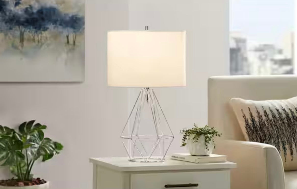 Winfield 23 in. 1-Light Chrome Indoor Geometric Metal Table Lamp with Fabric Lamp Shade